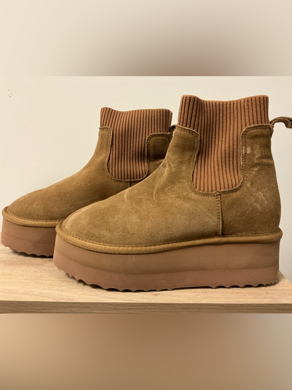 Suede Platform Chelsea Booties in Tan